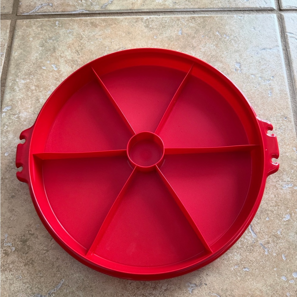 Vintage Red Tupperware Divided Serving Tray w/Lid - Party Susan